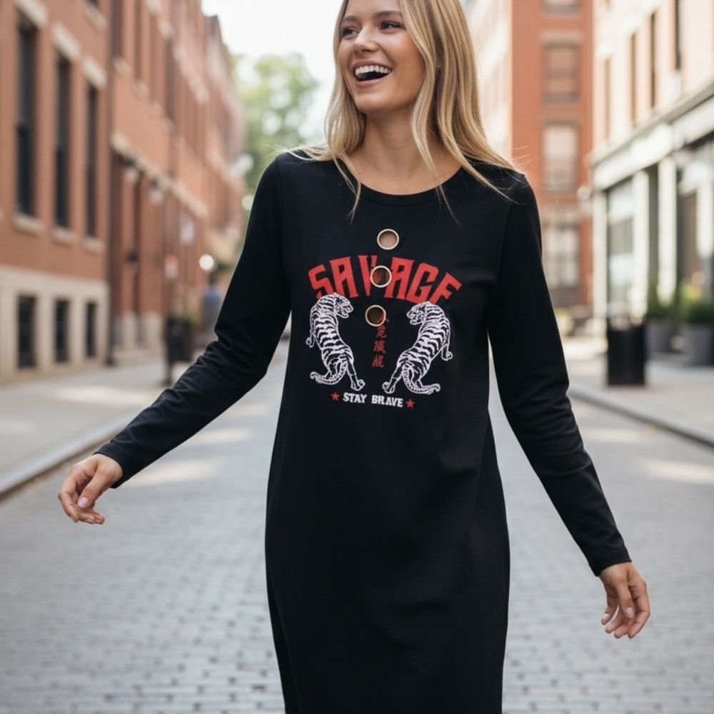 Fashion Nova Black Graphic Long Sleeve Dress